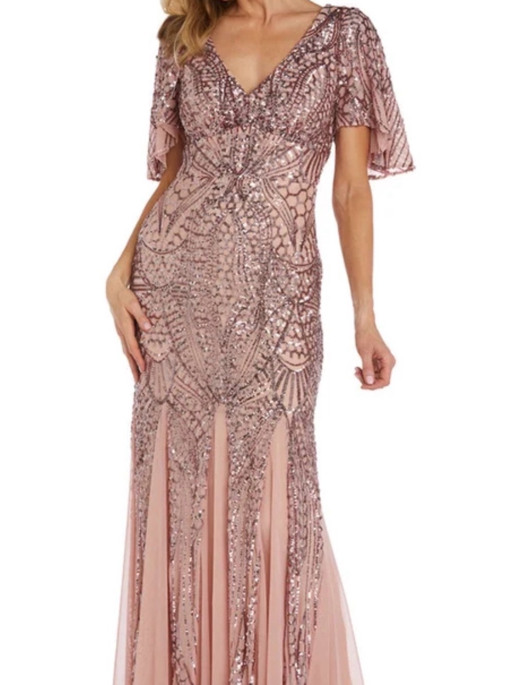 VM Rose Blush Sequin V-Neck Prom Gown